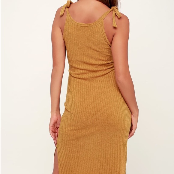 Rosaleen Dark Mustard Yellow Tie-Strap Ribbed Knit Midi Dress - Picture 4 of 5
